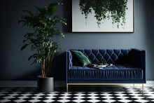 Luxurious Chessboard Style Floor In A Living Room With A Dark Blue Soft Couch And Green Plants Surrounding It. Hanging Framed Poster On A Shadowy Wall. Actual Image. Generative AI