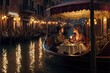 a man and woman sitting at a table in a gondola on a canal at night with lights on the water and a man holding a candle in his hand and a hat.