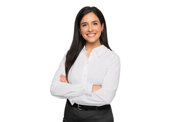 cheerful brunette business woman student in white button up shirt, smiling confident and cheerful wi