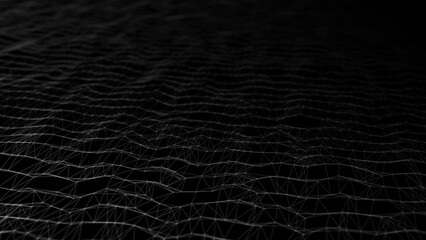 Aufkleber - Wave of digital particles on a black background. Abstract interlacing lines and points. Digital connection of elements. Simulation of the movement of small particles. 3D rendering.