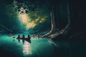 Sticker - a painting of people in a canoe on a river at night with a full moon in the sky above them and trees in the background.