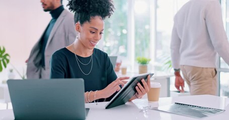 Aufkleber - Tablet, office and woman surfing internet at modern office desk checking email or social media online report. Technology, communication and networking, happy woman in content marketing startup office
