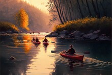 A Painting Of Three People In Canoes Paddling Down A River At Sunset With A Forest In The Background And A Yellow Sky Above Them.