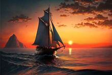 A Sailboat Sailing In The Ocean At Sunset With A Mountain In The Background And A Sun Setting Behind It. Generative AI