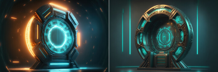 Poster - Futuristic pedestal for product presentation in futuristic hud style. Pedestal or door  in 3d cyberspace. 3d illustration