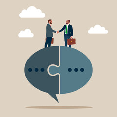 Wall Mural - Unity. Business team handshake with connect speech bubble jigsaw. Success communicate, achieve business agreement, partnership deal. Flat vector illustration.