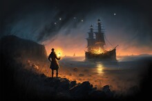 A Man Looks At A Mysterious Ghost Ship
