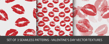 Set Of 3 Vector Seamless Backgrounds. Lipstik Kiss Valentine's Day Lovely Patterns