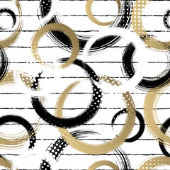 Poster - Geometric seamless pattern. Repeating abstract circle line. Repeated geometry brush background. Contemporary gold texture for design carpet, plaid, prints. Repeat modern lattice. Vector illustration