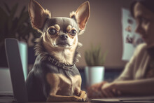 A Cute Little Chihuahua Dog At A Desk With It´s Owner In A Business Office. Dogs At Work. Content Is Created With Generative Ai