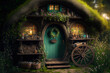 Magic door inside of the elves forest. Abstract picture of the home in a fairy place. Generative AI.