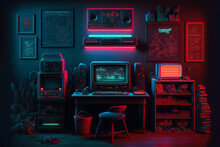 Awesome Gaming Setup From The 80-s. Retro Gaming Concept. Vintage Retro Room For Entertainment. Greatest Interior Ever. Generative AI.