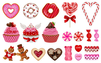 Wall Mural - set of isolated valentine's day sweets. collection of valentine candies and cakes