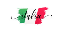 Made In Italy Handwritten Calligraphic Lettering Logo Sticker Green White Red Flag Ribbon Banner Line Design
