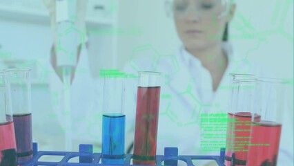 Poster - Animation of data processing over caucasian female scientist working at laboratory