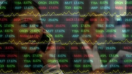 Poster - Animation of stock market data processing over biracial businesswoman talking on smartphone