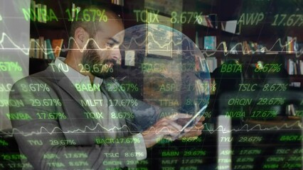 Poster - Animation of stock market data processing over biracial businessman using a smartphone