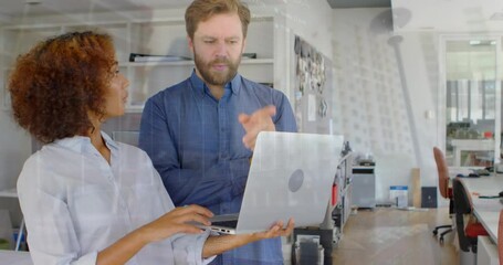 Poster - Animation of data processing and cityscape over diverse business people at office