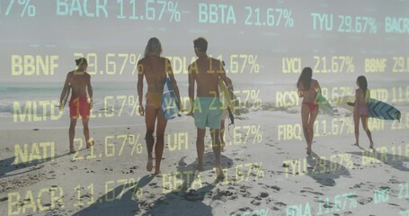 Poster - Animation of financial data processing over friends on beach