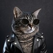 Portrait of a macho cat wearing a black leather jacket and stylish black sunglasses. Posing as a motorcyclist model. Artistic digital painting. Professional studio shooting. Generative ai illustration