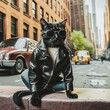 A handsome macho tomcat dressed in a stylish classic men's black leather jacket and black fancy sunglasses. Poses on the street. Generative ai illustration. Creative digital painting	