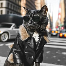 A handsome macho tomcat dressed in a stylish classic men's black leather jacket and black fancy sunglasses. Poses on the street. Generative ai illustration. Creative digital painting	