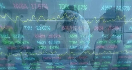 Poster - Animation of financial data processing and globe over business people in office