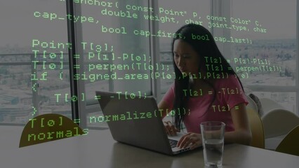 Poster - Animation of data processing over woman using laptop