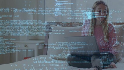 Poster - Animation of data processing over woman using laptop and smartphone