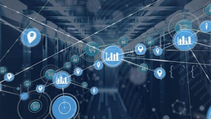 Poster - Animation of data processing and icons over server room
