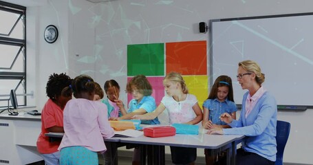 Poster - Animation of shapes moving over caucasian female teacher with diverse schoolchildren
