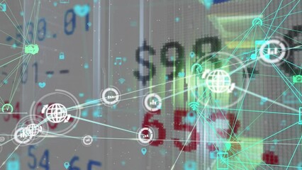 Poster - Animation of connected icons forming globes and trading board over multiple moving icons