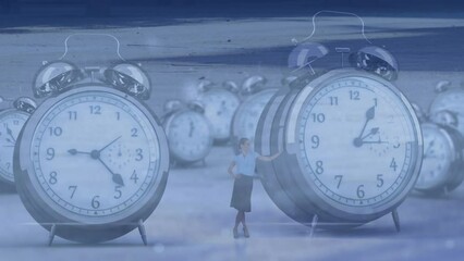Poster - Animation of alarm clocks, data processing over businesswoman