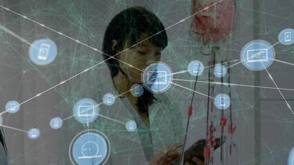 Poster - Animation of network of connections and data processing over female doctor