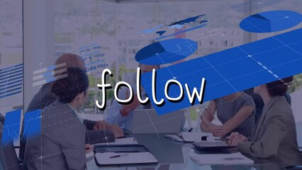 Poster - Animation of follow text and financial data processing over business people