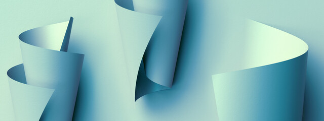 Wall Mural - 3d render, abstract background with pastel blue paper scrolls