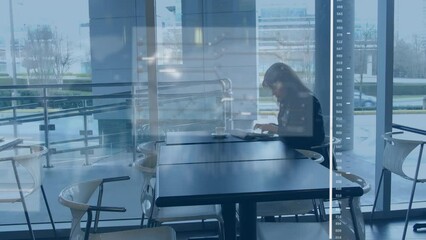 Poster - Animation of digital screen with graph and map over businesswoman using digital tablet at office