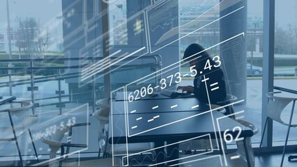 Poster - Animation of digital hud infographic screens over caucasian businesswoman using digital tablet