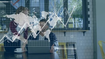 Poster - Animation of map and graphs over multiracial coworkers discussing report over laptop at office