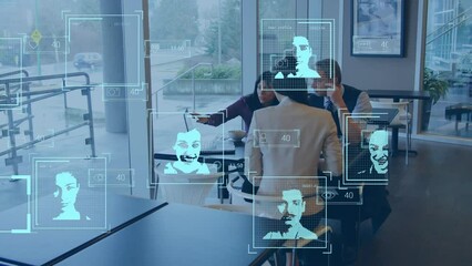 Poster - Animation of digital portrait of people and icons over diverse coworkers discussing reports