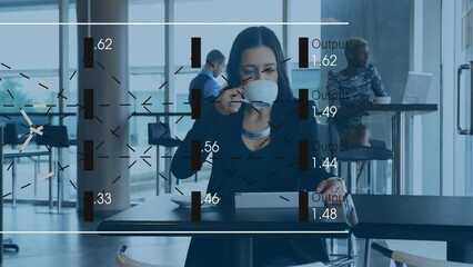 Poster - Animation of illuminated lines and numbers over caucasian woman drinking coffee and using tablet