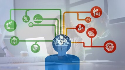 Poster - Animation of media icons over diverse business people in office