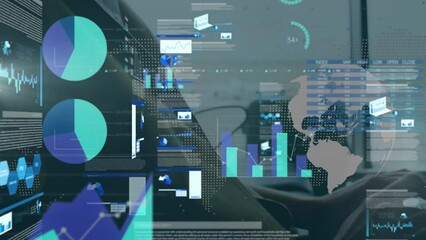 Poster - Animation of data processing over caucasian businesswoman using laptop