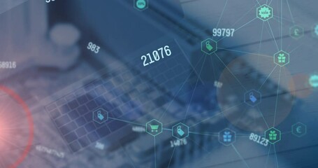 Poster - Animation of circles, changing numbers, icons connected with lines over laptop on table