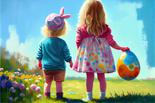 Two Kids Do Easter Egg Hunt. Spring Easter Stylized Illustration. Generative AI