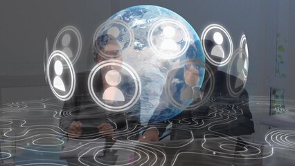 Poster - Animation of profile icons over globe, abstract pattern against diverse coworkers discussing reports