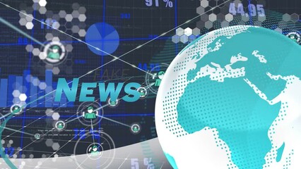 Poster - Animation of globe, numbers, fake news text, programming language and graphs on black background