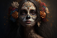 3D Illustration Of A Beautiful Woman Dressed For Mexican Day Of The Dead.AI Generated Image, No Models Of Real People Were Used