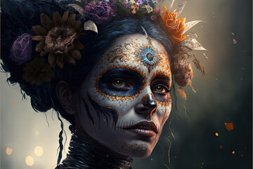 Sticker - 3D illustration of a beautiful woman dressed for Mexican Day of the Dead.AI generated image, no models of real people were used
