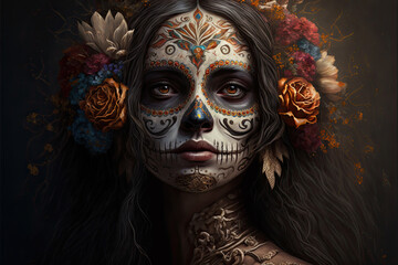 Sticker - 3D illustration of a beautiful woman dressed for Mexican Day of the Dead.AI generated image, no models of real people were used